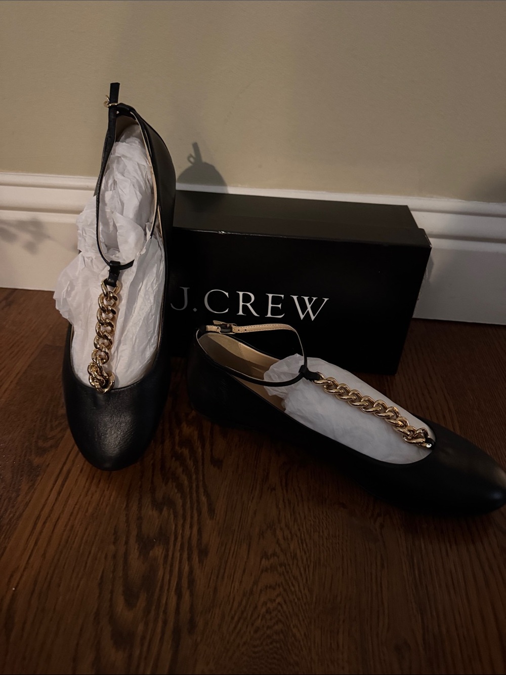 J. Crew Black Leather Flats with Gold Chain Strap